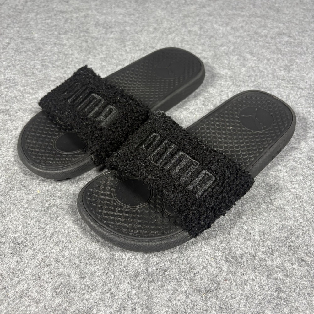 Puma Cool Cat Sherpa Slides Size 9 Black Fleece Faux Fur Sandals